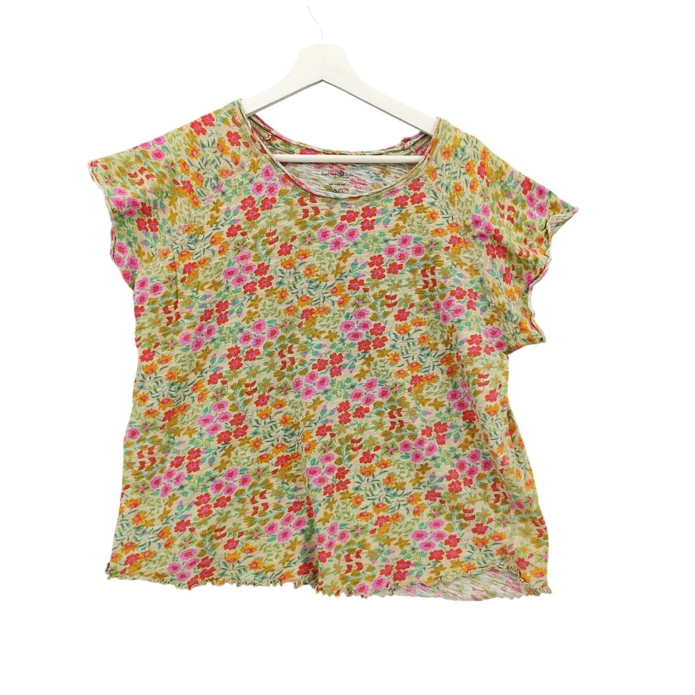 NATURAL LIFE Floral Short Sleeve Tee in Pink, Orange, Green on Cream